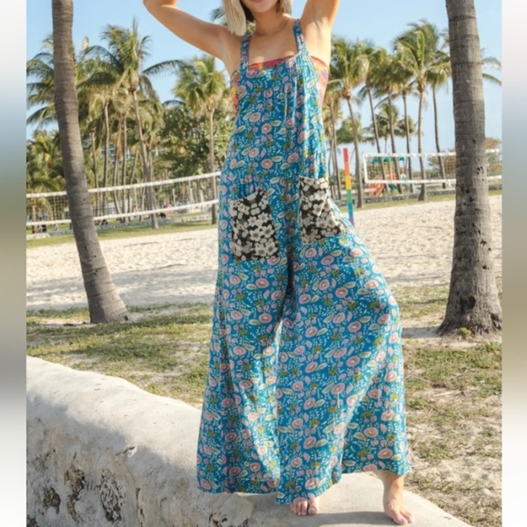 NWT NATURAL LIFE Dakota Tie Overall Black Blue Mix Floral 🖤 & 💙 - Picture 4 of 6